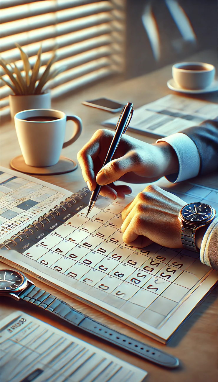 DALL·E 2024-12-18 23.58.49 - A highly realistic digital illustration focused on appointments and scheduling. The image features a close-up of a person's hand holding a pen while m.png